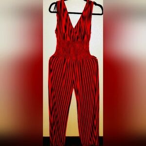 Striped jumper pantsuit lightweight cinched elastic waist shoulder ties